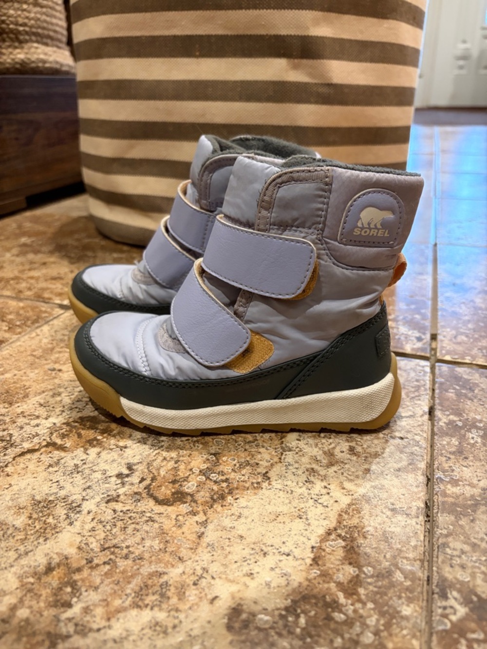 Sorel Kids Light Gray & lilac Strap Snow Boots